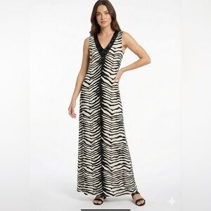 CHICO’S Zebra Print Sleeveless Maxi Dress Vee Neckline Beading Detail US Sz M